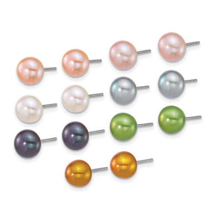 Sterling Silver Rhod 7-8mm Multicolor Fwc Pearl 7 Pair Earring Set