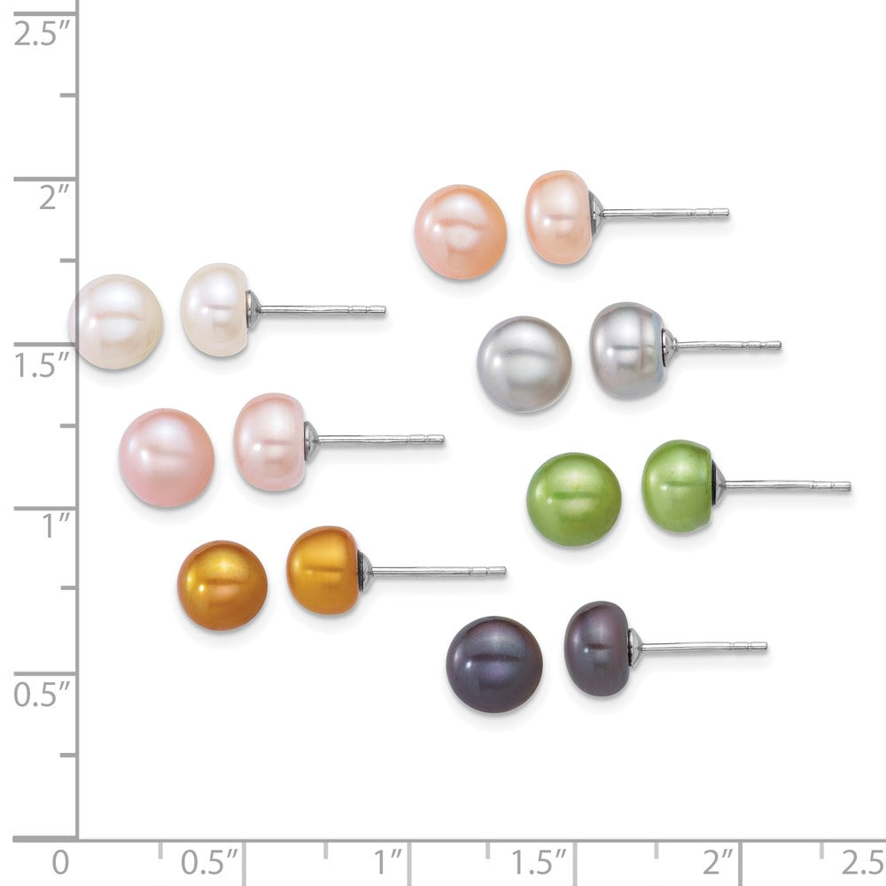 Sterling Silver Rhod 7-8mm Multicolor Fwc Pearl 7 Pair Earring Set