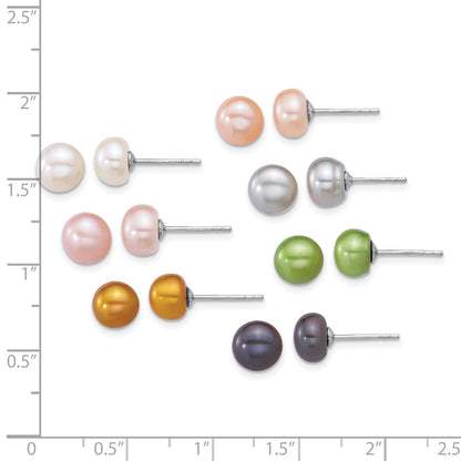 Sterling Silver Rhod 7-8mm Multicolor Fwc Pearl 7 Pair Earring Set