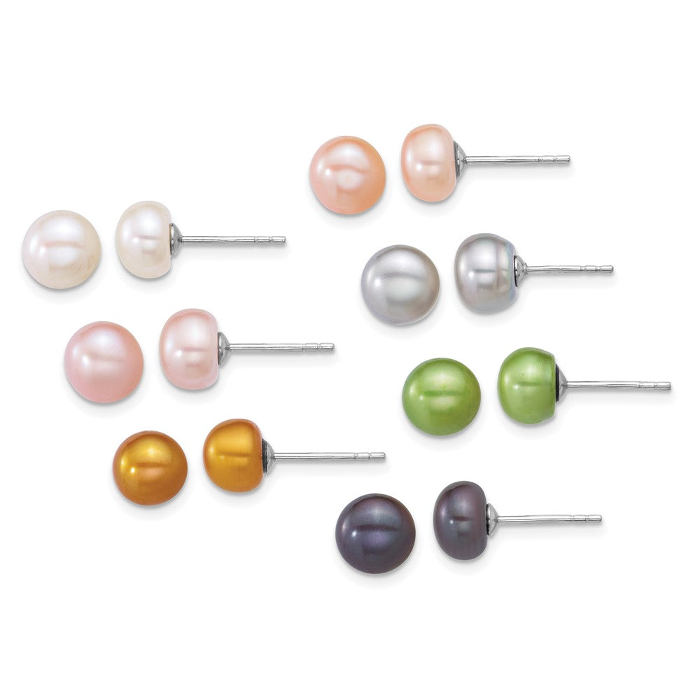 Sterling Silver Rhod 7-8mm Multicolor Fwc Pearl 7 Pair Earring Set