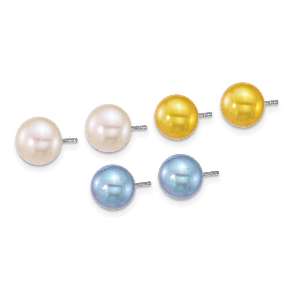 Sterling Silver Rhodium Plated White/yellow/blue Fwc 3 Pair Pearl Post Earrings