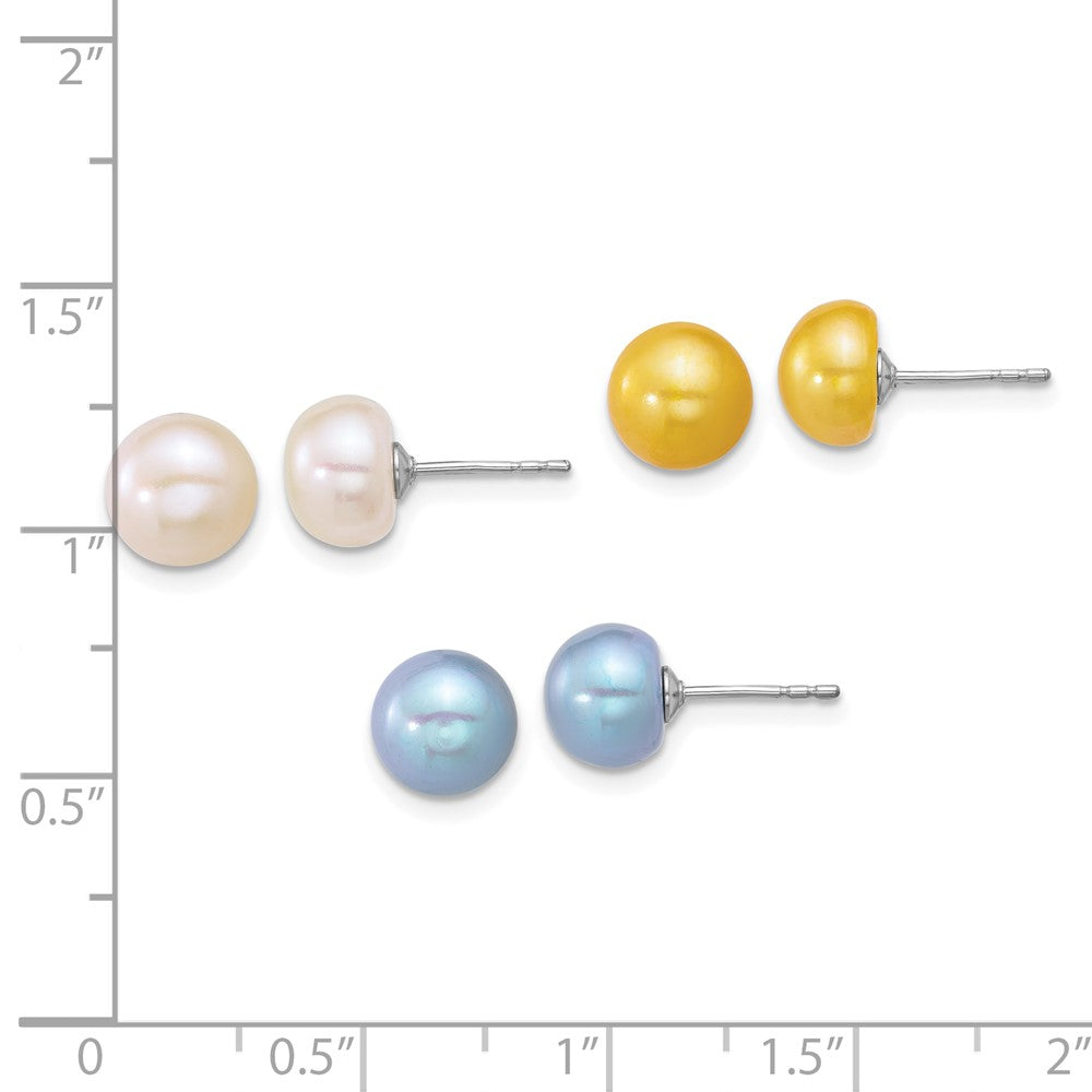 Sterling Silver Rhodium Plated White/yellow/blue Fwc 3 Pair Pearl Post Earrings