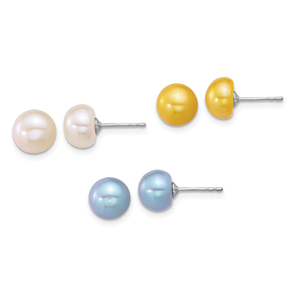 Sterling Silver Rhodium Plated White/yellow/blue Fwc 3 Pair Pearl Post Earrings
