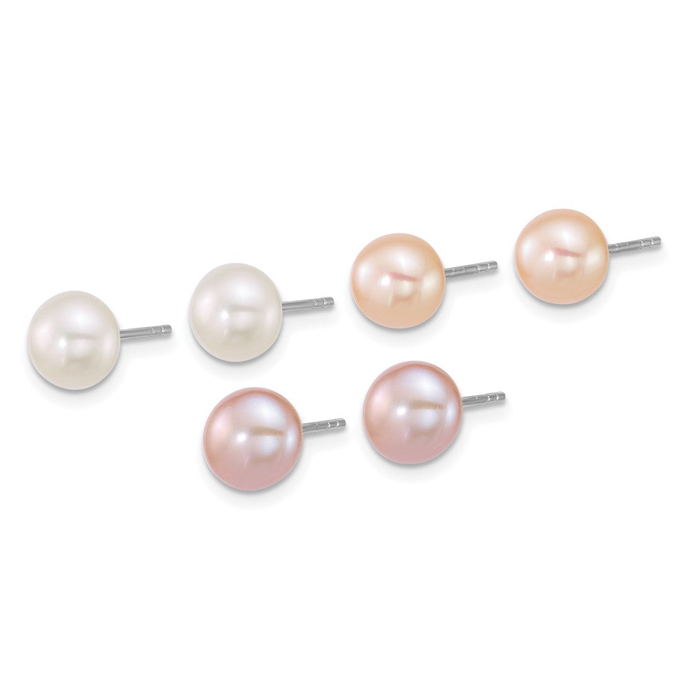 Sterling Silver Rhodium Plated 7-8mm Multicolor Fwc Pearl Post Earring Set