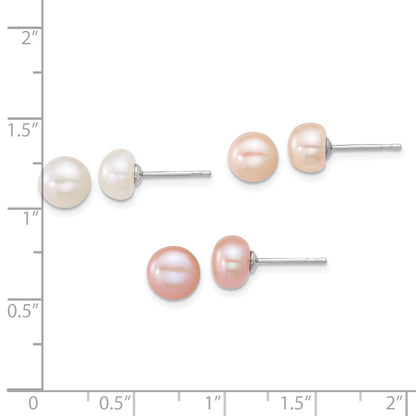 Sterling Silver Rhodium Plated 7-8mm Multicolor Fwc Pearl Post Earring Set