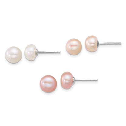 Sterling Silver Rhodium Plated 7-8mm Multicolor Fwc Pearl Post Earring Set