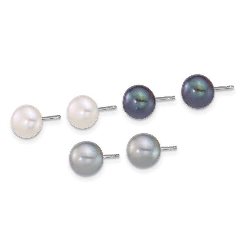 Sterling Silver Rhodium Plated 7-8mm Wht/grey/blk Fwc Pearl Earrings