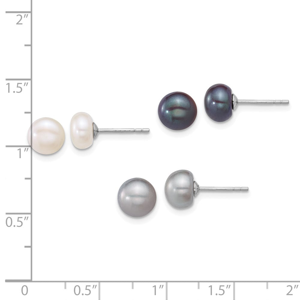 Sterling Silver Rhodium Plated 7-8mm Wht/grey/blk Fwc Pearl Earrings