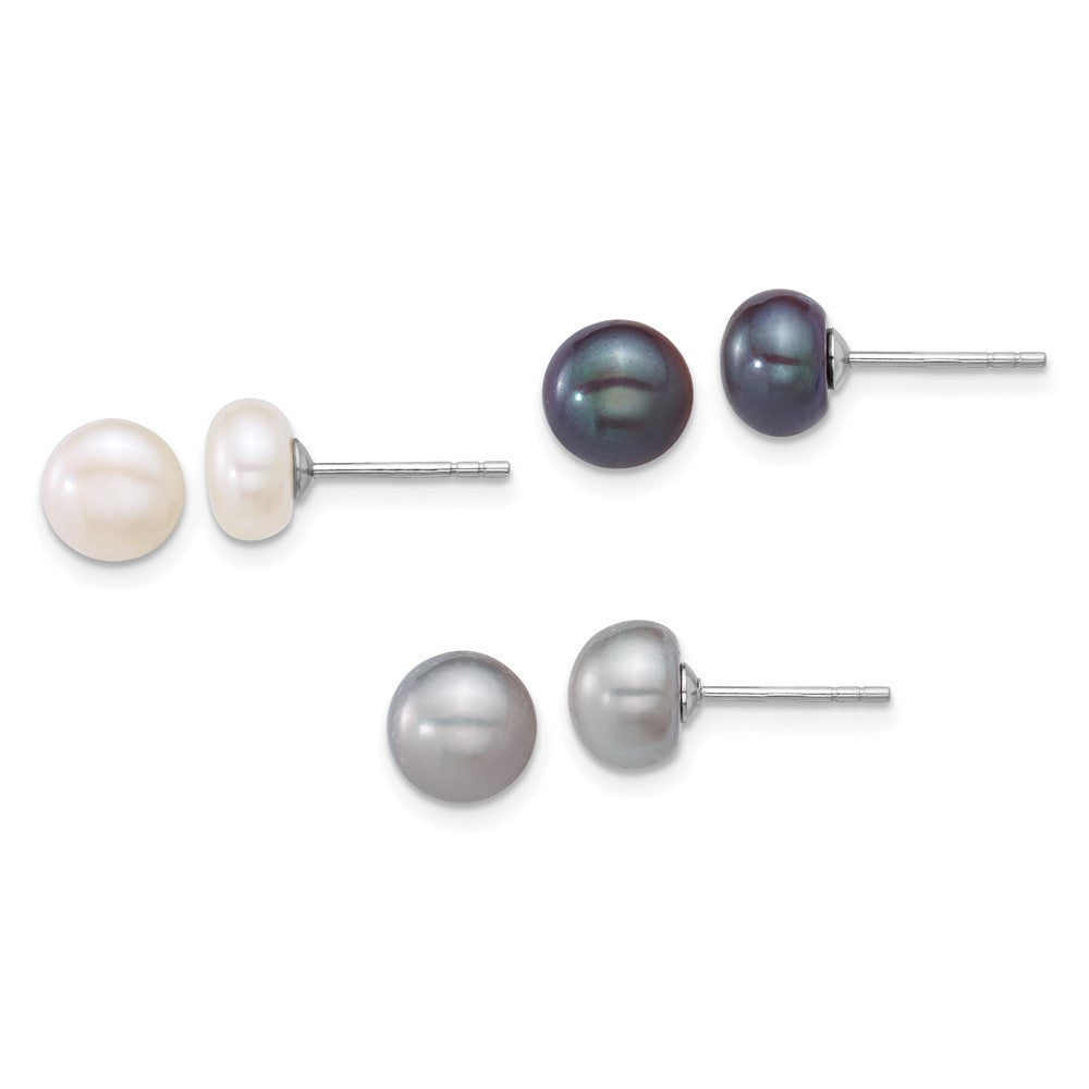 Sterling Silver Rhodium Plated 7-8mm Wht/grey/blk Fwc Pearl Earrings