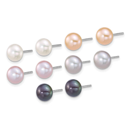 Sterling Silver Rhodium Plated 7-8mm Multicolor Fwc Pearl 5 Pair Earring Set