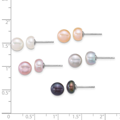Sterling Silver Rhodium Plated 7-8mm Multicolor Fwc Pearl 5 Pair Earring Set