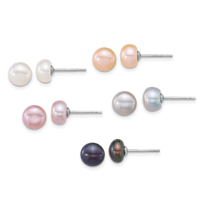 Sterling Silver Rhodium Plated 7-8mm Multicolor Fwc Pearl 5 Pair Earring Set