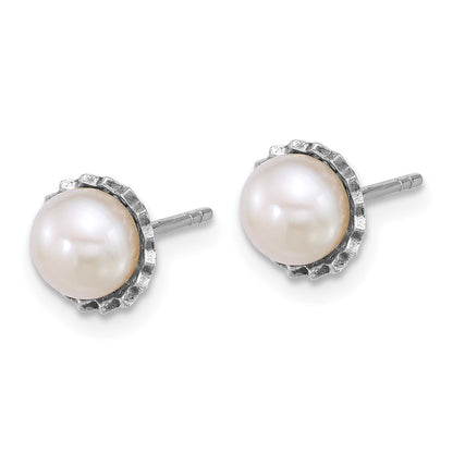Sterling Silver Rhodium Plated 6-7mm Button White Fwc Pearl Post Earrings