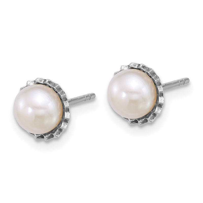 Sterling Silver Rhodium Plated 6-7mm Button White Fwc Pearl Post Earrings