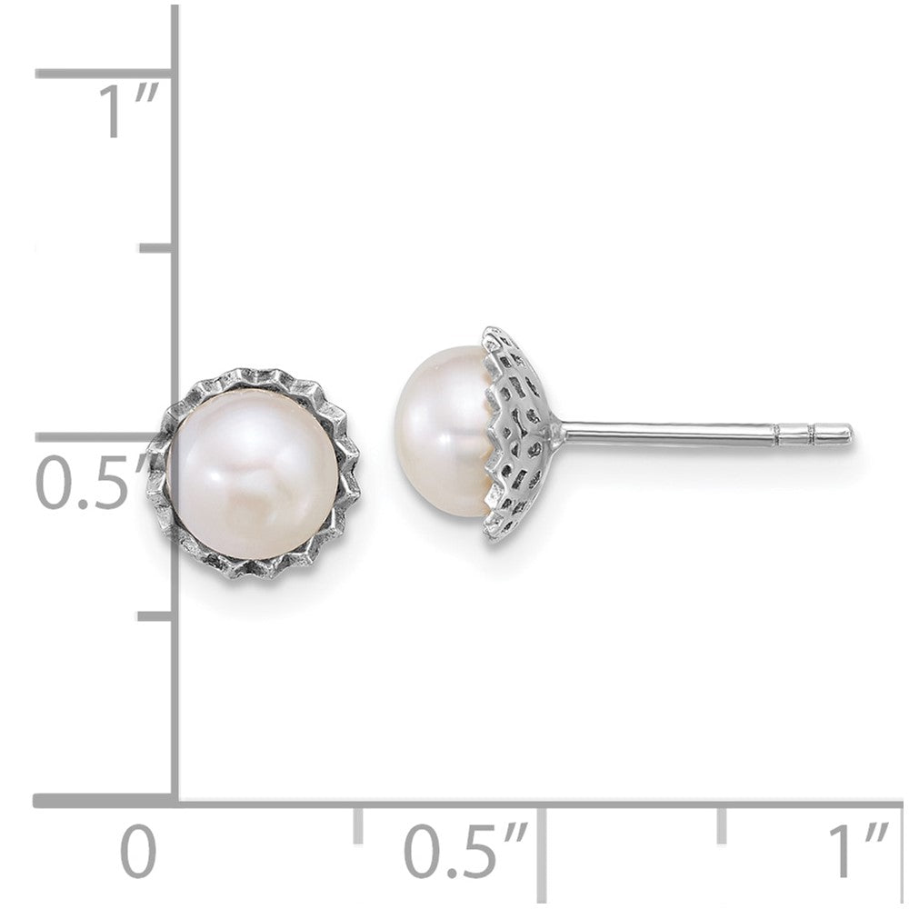 Sterling Silver Rhodium Plated 6-7mm Button White Fwc Pearl Post Earrings