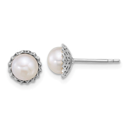 Sterling Silver Rhodium Plated 6-7mm Button White Fwc Pearl Post Earrings