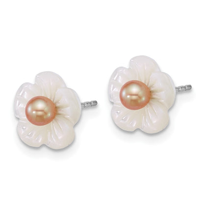 Sterling Silver Rhodium Plated 3-4mm Pink Fwc/wht Mop Flower Earrings