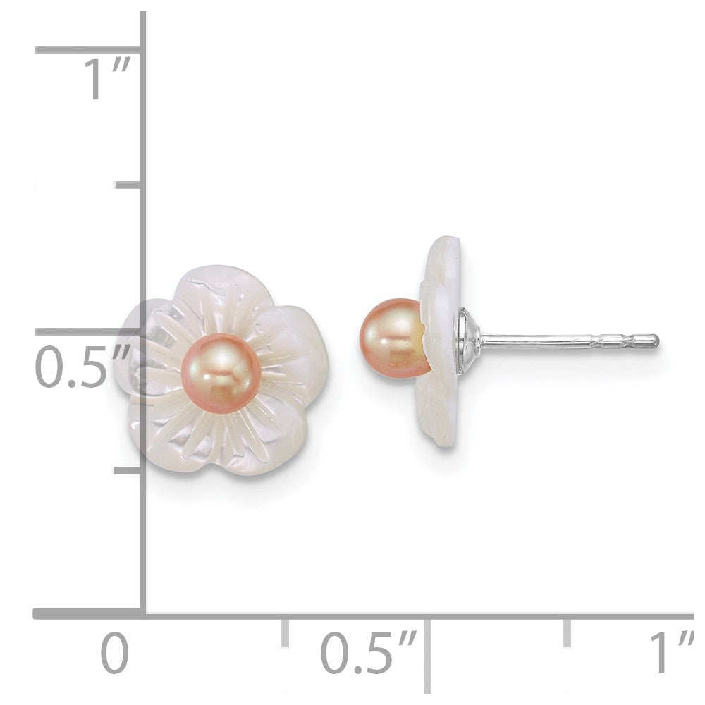 Sterling Silver Rhodium Plated 3-4mm Pink Fwc/wht Mop Flower Earrings