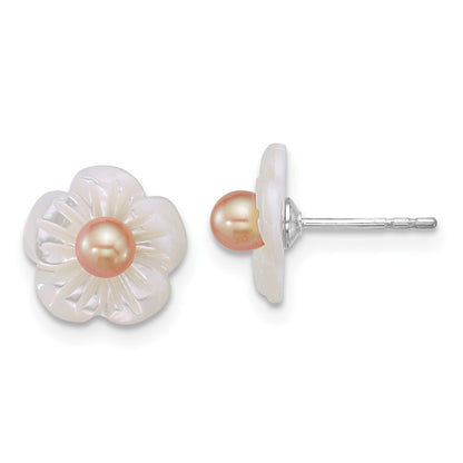 Sterling Silver Rhodium Plated 3-4mm Pink Fwc/wht Mop Flower Earrings