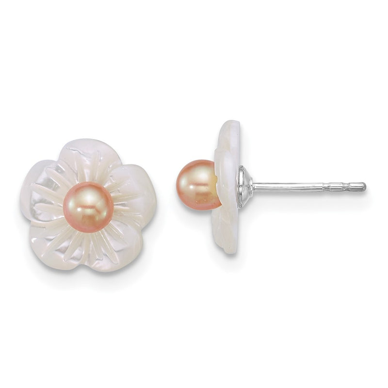 Sterling Silver Rhodium Plated 3-4mm Pink Fwc/wht Mop Flower Earrings