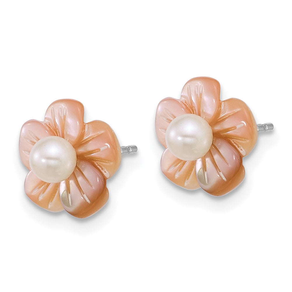 Sterling Silver Rhodium Plated 3-4mm Wht Fwc/pink Mop Flower Earrings
