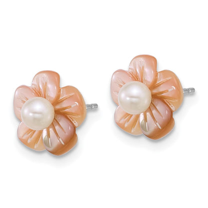 Sterling Silver Rhodium Plated 3-4mm Wht Fwc/pink Mop Flower Earrings