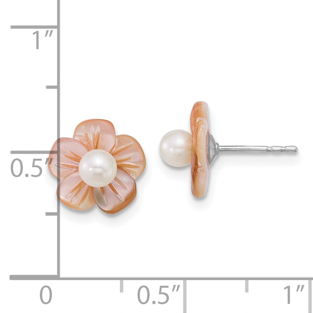 Sterling Silver Rhodium Plated 3-4mm Wht Fwc/pink Mop Flower Earrings