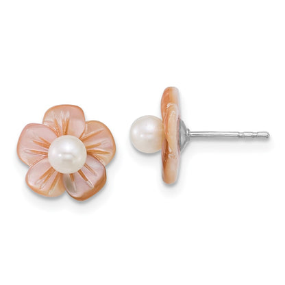 Sterling Silver Rhodium Plated 3-4mm Wht Fwc/pink Mop Flower Earrings