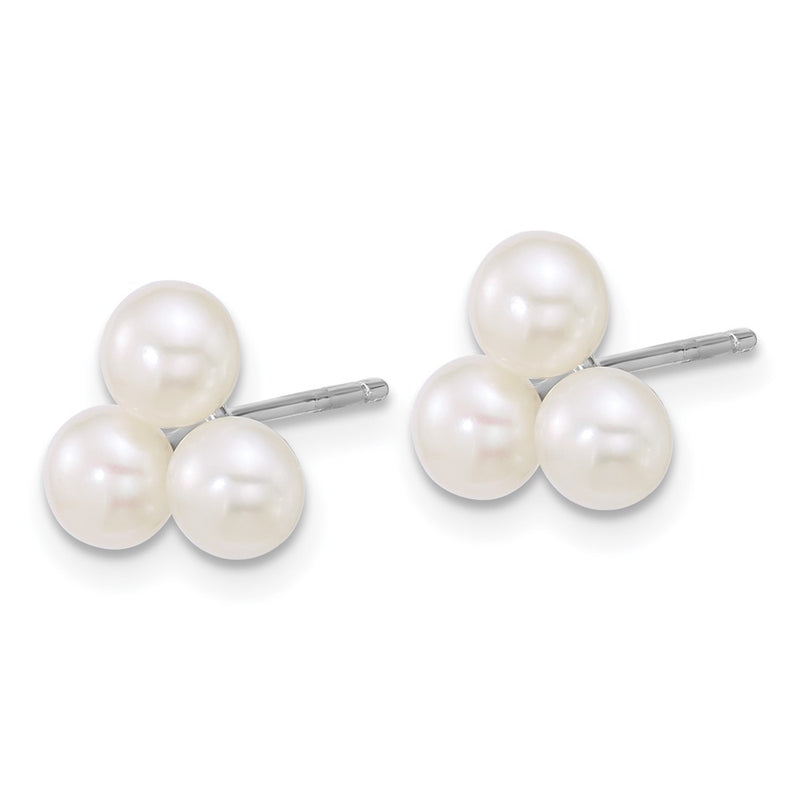 Sterling Silver Rhodium Plated 5-6mm White Fwc 3-Pearl Post Earrings