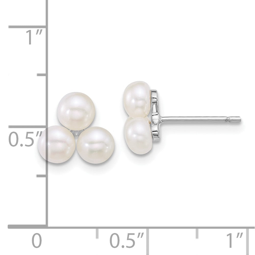 Sterling Silver Rhodium Plated 5-6mm White Fwc 3-Pearl Post Earrings