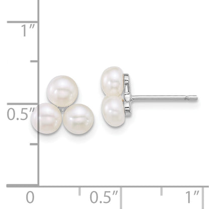 Sterling Silver Rhodium Plated 5-6mm White Fwc 3-Pearl Post Earrings