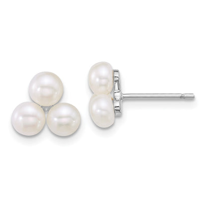 Sterling Silver Rhodium Plated 5-6mm White Fwc 3-Pearl Post Earrings