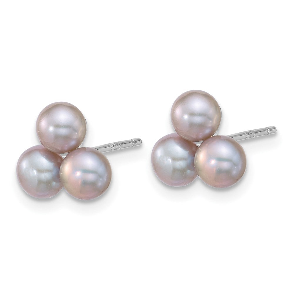 Sterling Silver Rhodium Plated 5-6mm Grey Fwc 3-Pearl Post Earrings