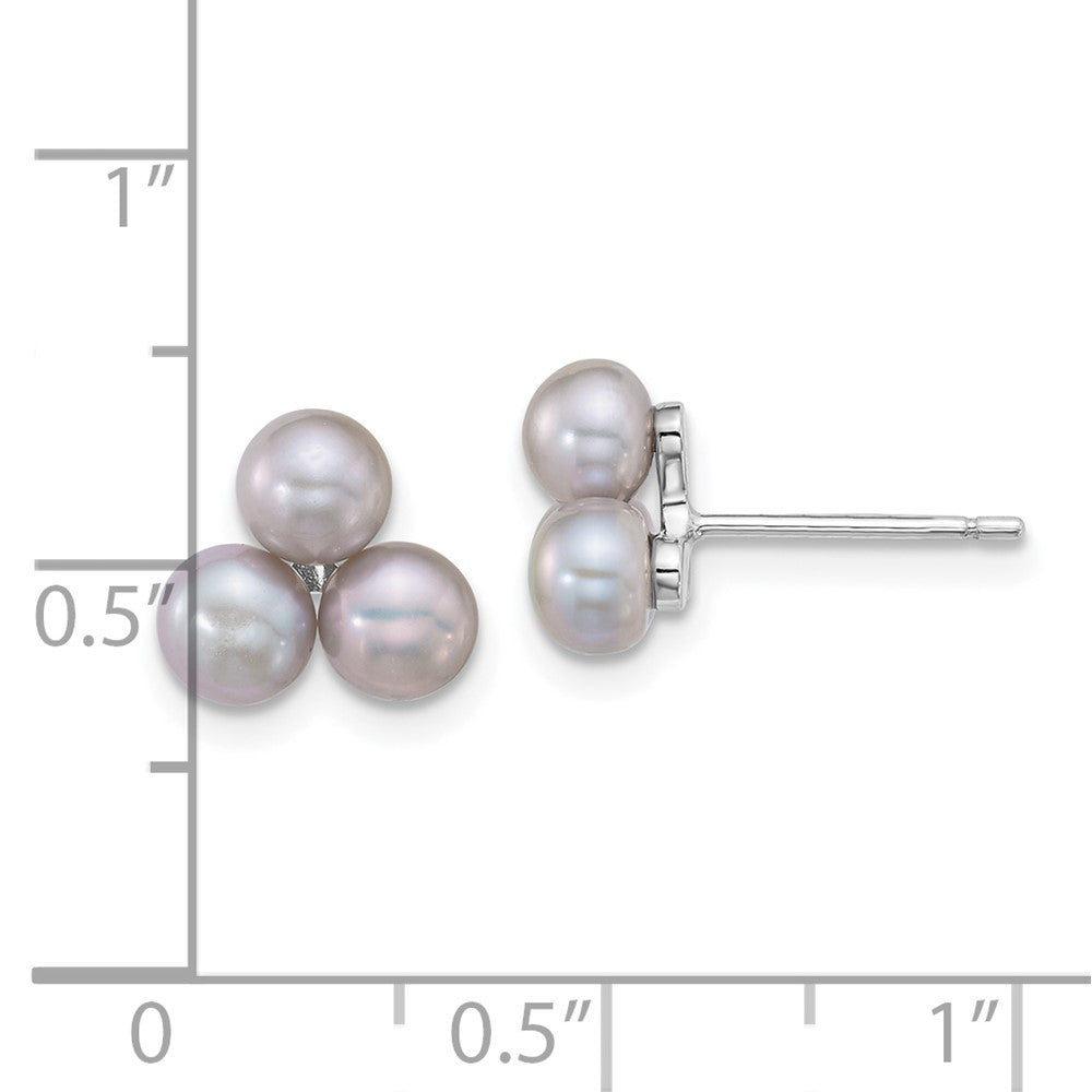 Sterling Silver Rhodium Plated 5-6mm Grey Fwc 3-Pearl Post Earrings