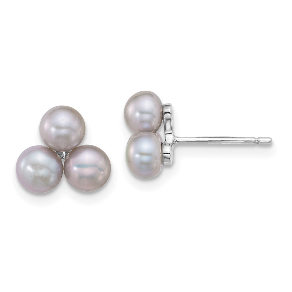 Sterling Silver Rhodium Plated 5-6mm Grey Fwc 3-Pearl Post Earrings