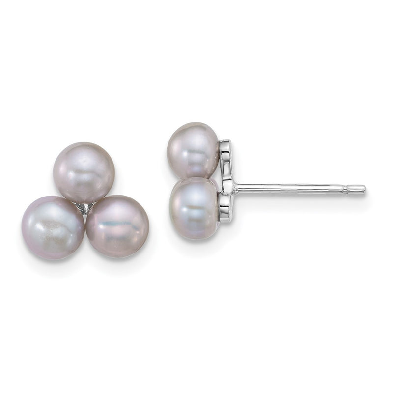 Sterling Silver Rhodium Plated 5-6mm Grey Fwc 3-Pearl Post Earrings