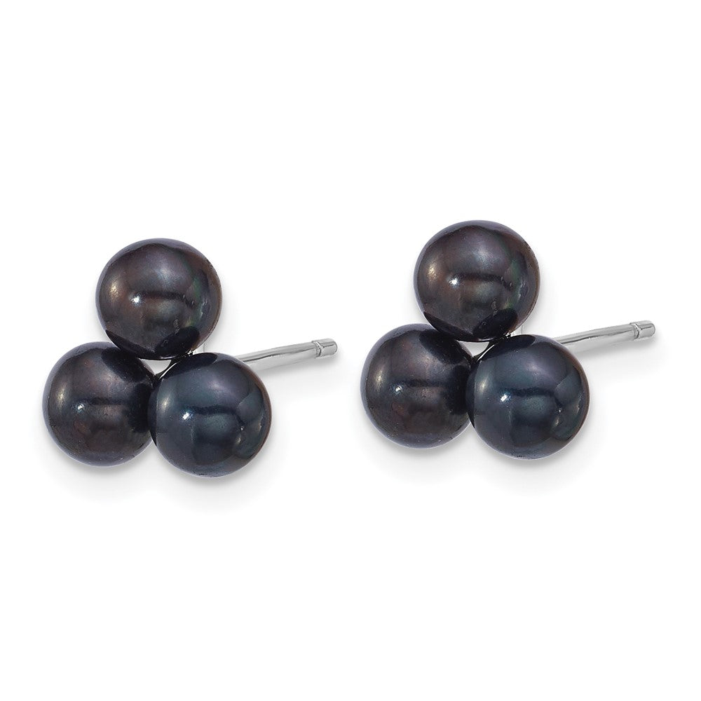 Sterling Silver Rhodium Plated 5-6mm Black Fwc 3-Pearl Post Earrings