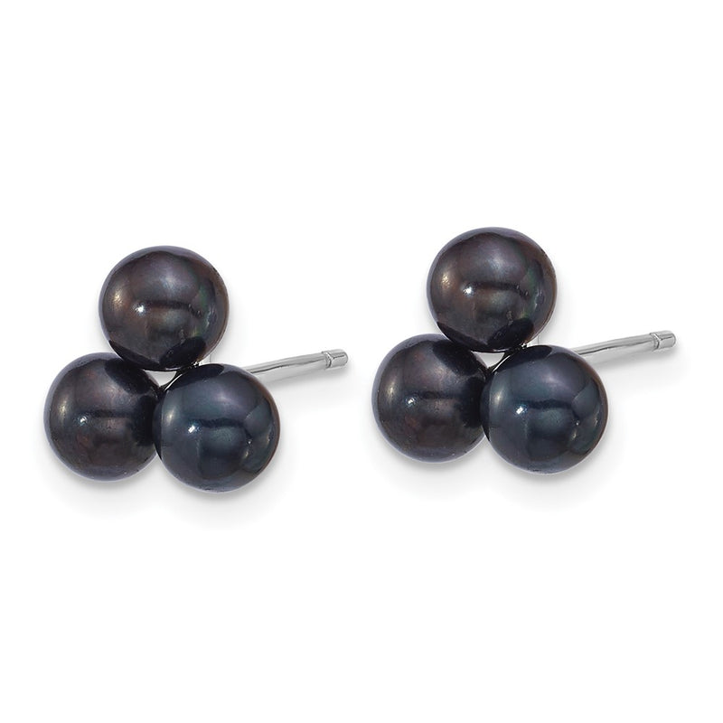 Sterling Silver Rhodium Plated 5-6mm Black Fwc 3-Pearl Post Earrings