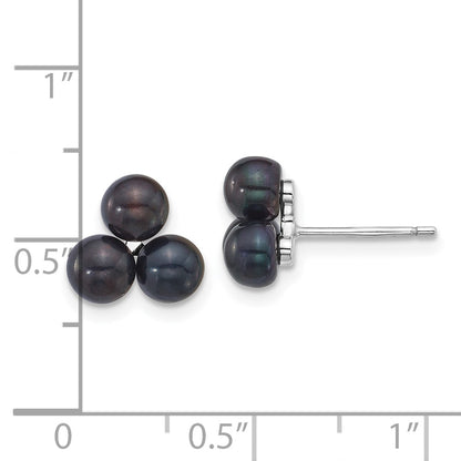 Sterling Silver Rhodium Plated 5-6mm Black Fwc 3-Pearl Post Earrings
