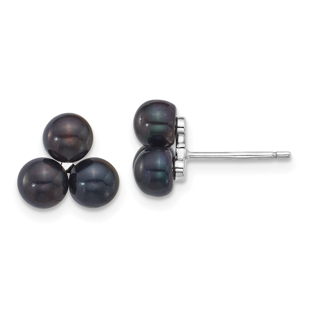 Sterling Silver Rhodium Plated 5-6mm Black Fwc 3-Pearl Post Earrings