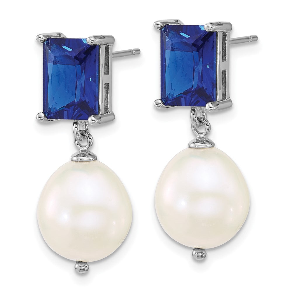 Sterling Silver Rhod 9-11mm Fwc Pearl Blue CZ Post Dangle Earrings
