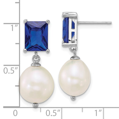Sterling Silver Rhod 9-11mm Fwc Pearl Blue CZ Post Dangle Earrings