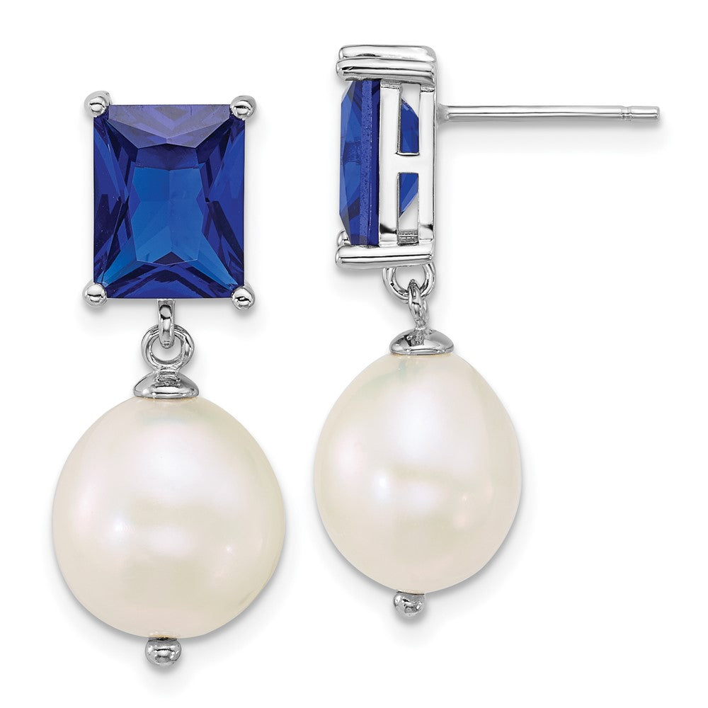 Sterling Silver Rhod 9-11mm Fwc Pearl Blue CZ Post Dangle Earrings