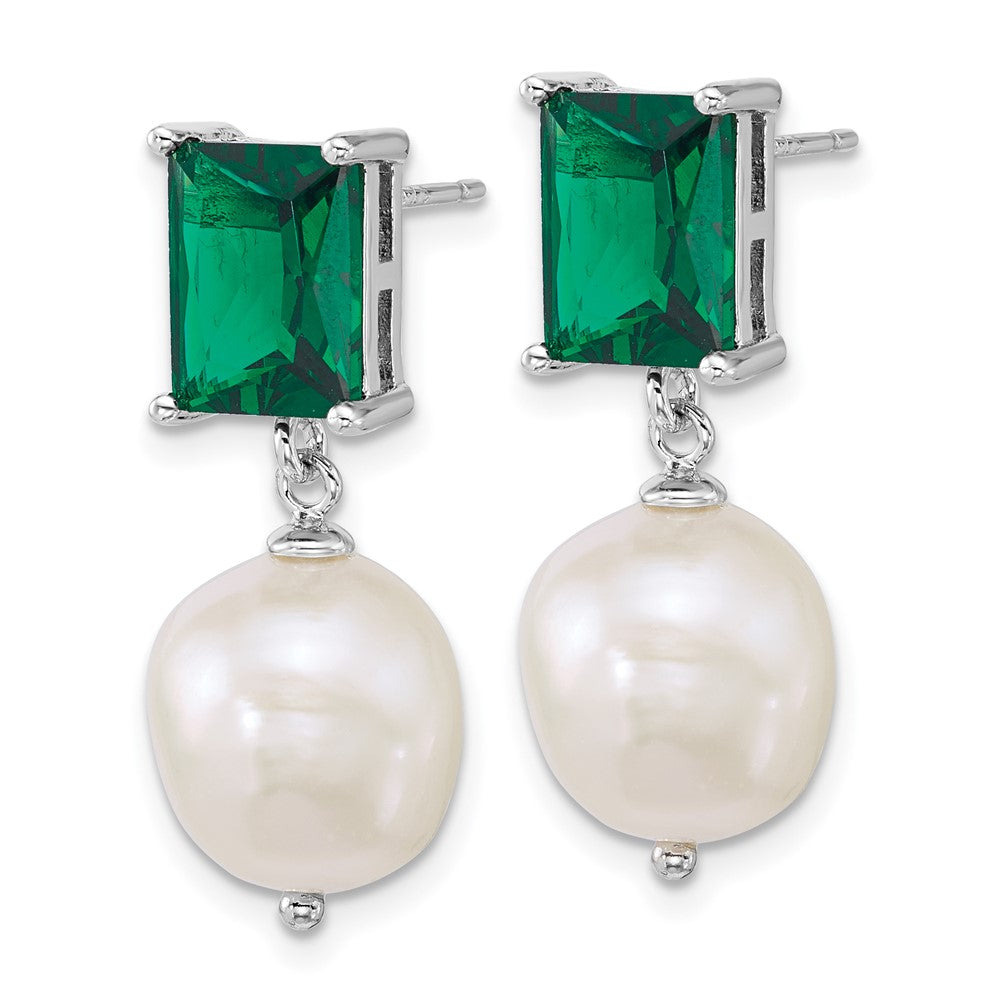 Sterling Silver Rhod 9-11mm Fwc Pearl Green CZ Post Dangle Earrings