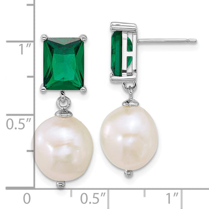 Sterling Silver Rhod 9-11mm Fwc Pearl Green CZ Post Dangle Earrings