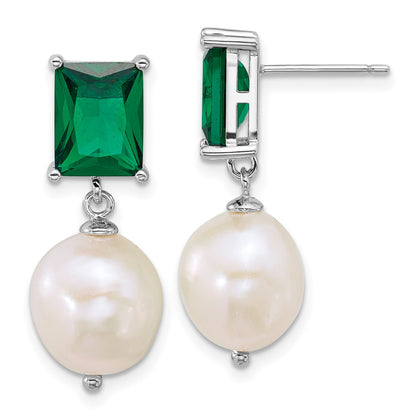 Sterling Silver Rhod 9-11mm Fwc Pearl Green CZ Post Dangle Earrings