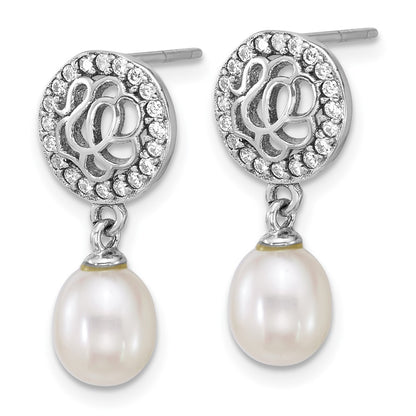 Sterling Silver Rhodium Plated 6-7mm Fwc Pearl & CZ Post Dangle Earrings