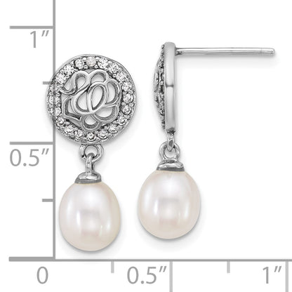 Sterling Silver Rhodium Plated 6-7mm Fwc Pearl & CZ Post Dangle Earrings