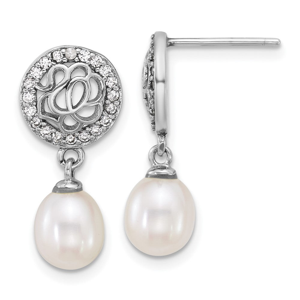 Sterling Silver Rhodium Plated 6-7mm Fwc Pearl & CZ Post Dangle Earrings