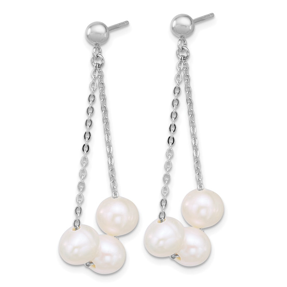 Sterling Silver Rhodium Plated 6-7mm Fwc 3-Pearl Post Dangle Earrings